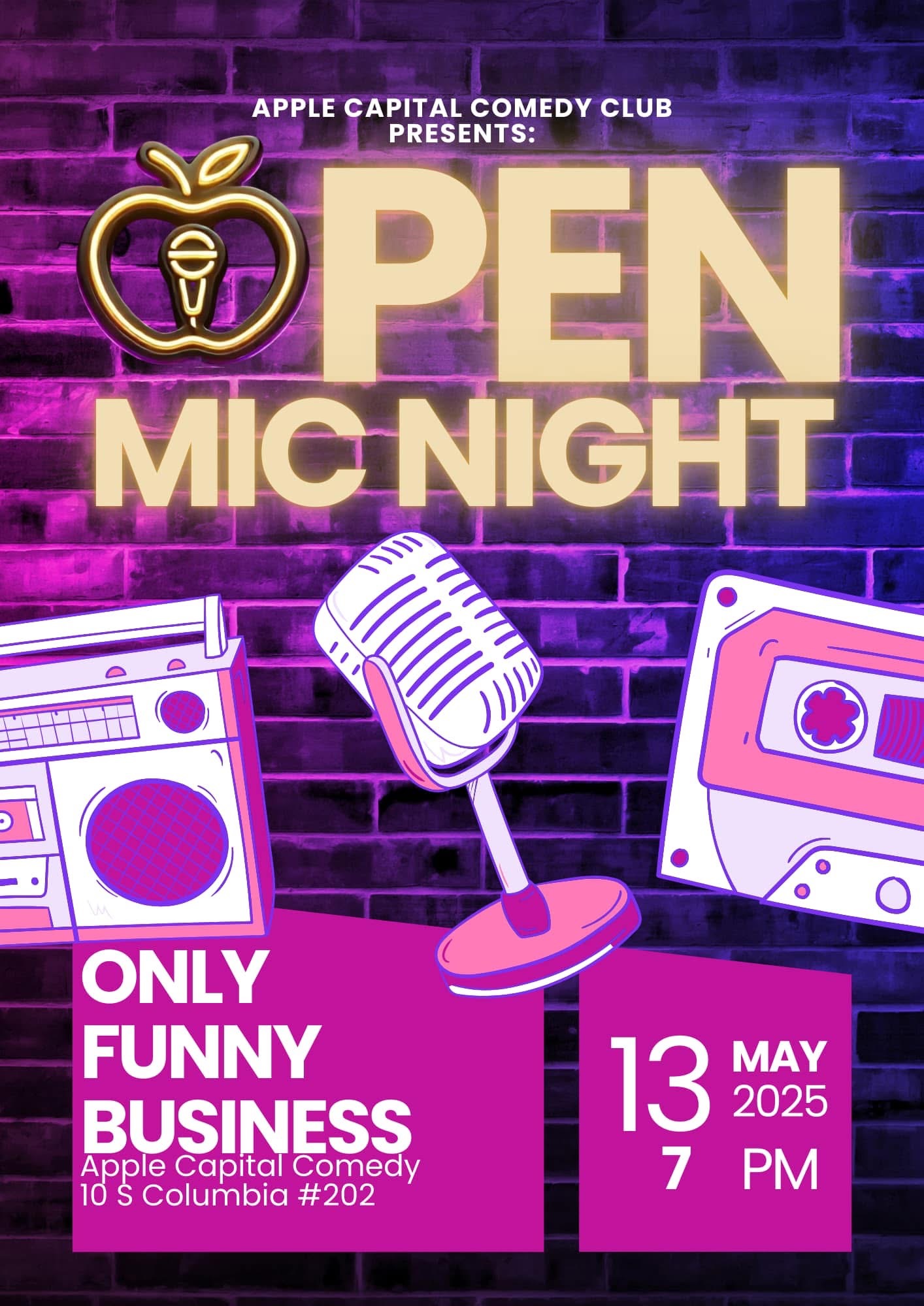 Apple Capital Comedy Club Open Mic Night flyer for a community comedy show at Host Wenatchee