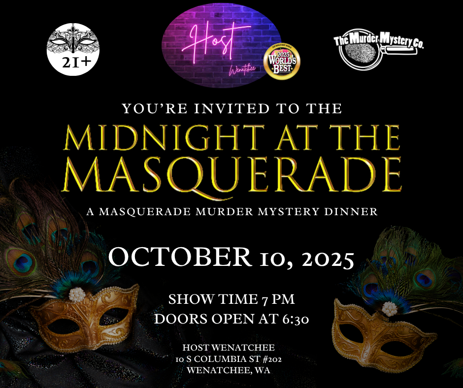 Midnight at the Masquerade murder mystery dinner flyer at Host Wenatchee