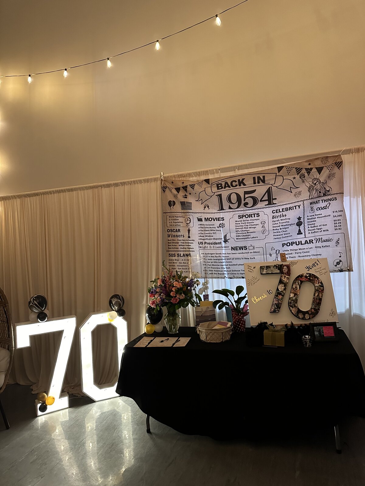 Light-up 70 marquee numbers beside a Back in 1954 banner, photo collage sign and memory table at a 70th birthday party in downtown Wenatchee