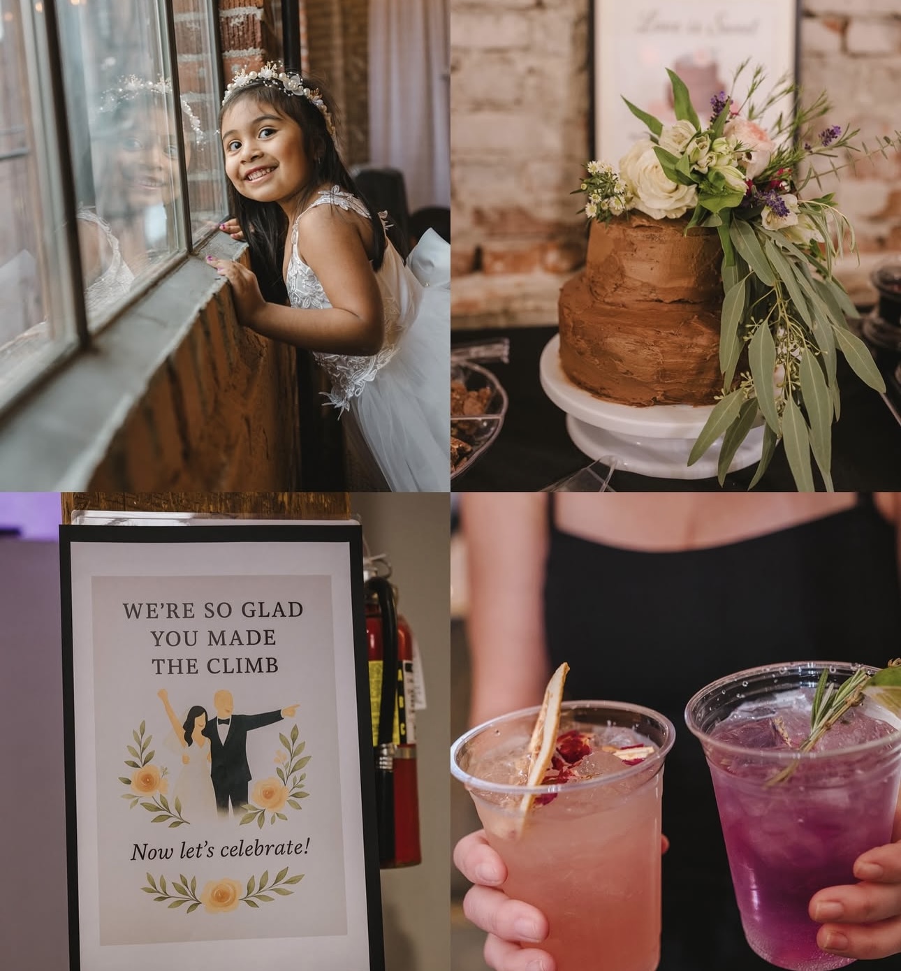 Wedding details at Host Wenatchee: flower girl, chocolate cake with florals, welcome sign and signature cocktails