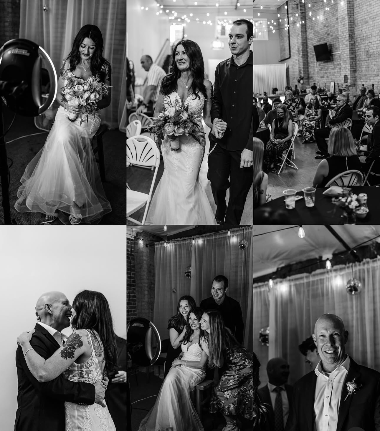 Black and white wedding ceremony photos of the bride, aisle walk and seated guests at Host Wenatchee